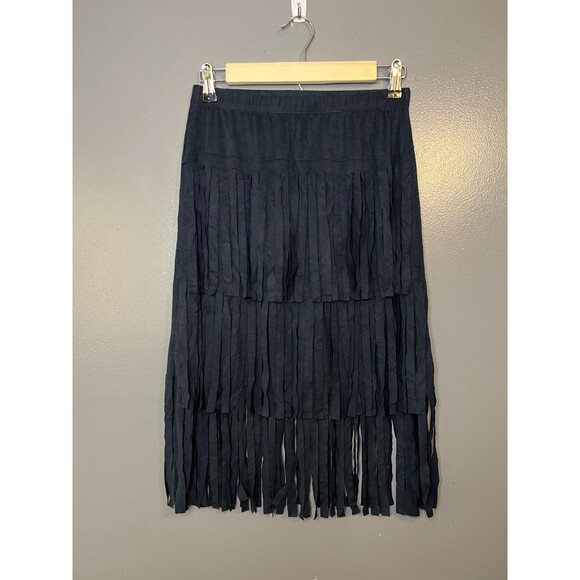 Marianne Skirt Womens Large Black Suede Look Fringe Tiered Elastic Waist USA - Picture 1 of 5